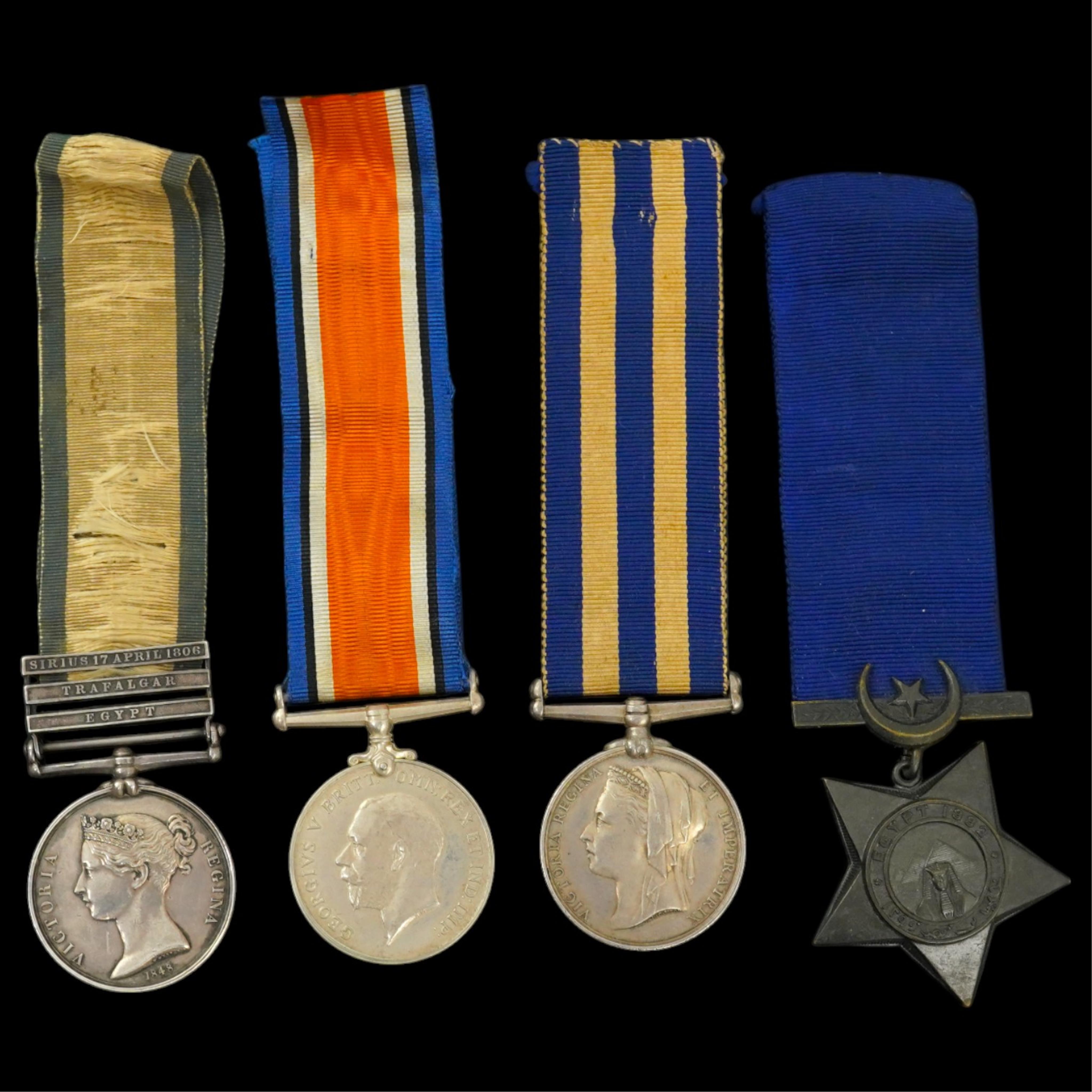 Battle of Trafalgar interest; Four medals awarded to members of the Robertson family. A Victorian naval General Service Medal to Thomas Robertson, Surgeon, with three bars for;, Sirius 17 April 1806, Trafalgar and Egypt,